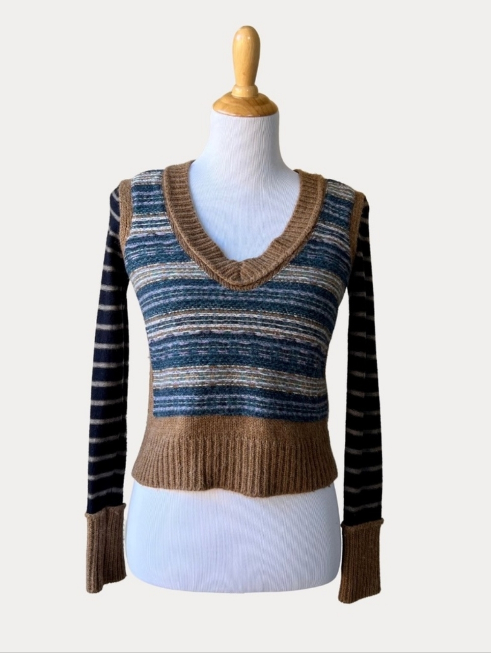 Tory Burch Alpaca Wool Blend V Neck Striped Fair Isle Sweater Small - Picture 2 of 13